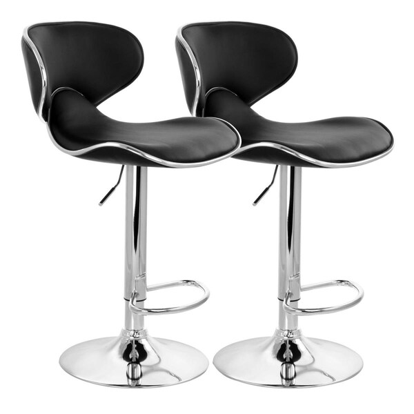 Elama Slim Faux Leather Adjustable Bar Stool in Black with Chrome Base - 2 Piece - ELM-723-BLK