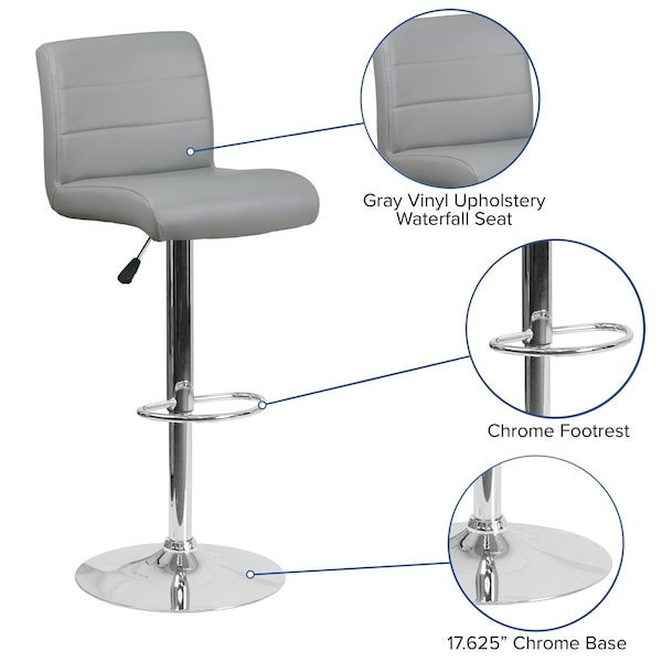 Flash Furniture Gray Vinyl Barstool, Adj Height - DS-8101B-GY-GG