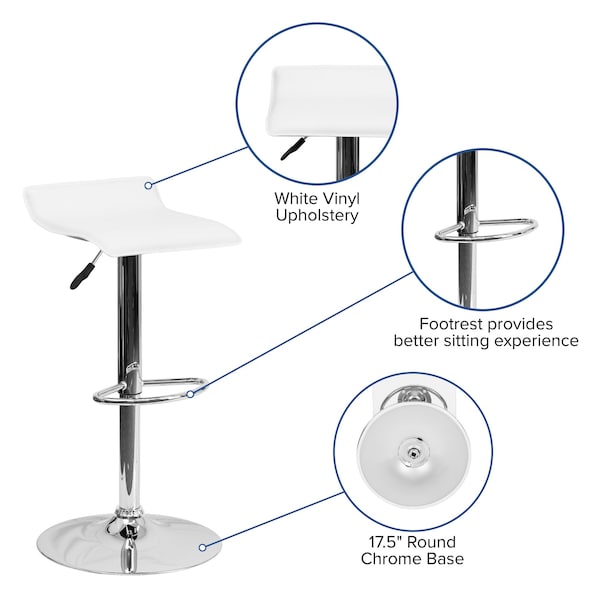 Flash Furniture White Vinyl Barstool, Adj Height - DS-801-CONT-WH-GG