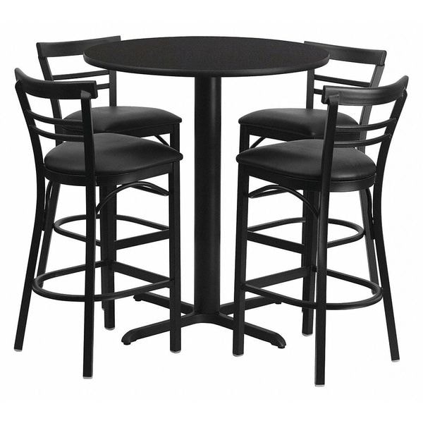 Flash Furniture Round Blk Bar Table, X-Base, Blk Vinyl Seats, 24", 24" L, 24" W, 42" H, Laminate Top, Wood Grain - HDBF1033-GG