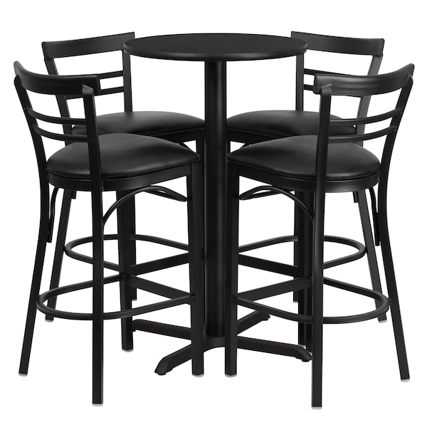 Flash Furniture Round Blk Bar Table, X-Base, Blk Vinyl Seats, 24", 24" L, 24" W, 42" H, Laminate Top, Wood Grain - HDBF1033-GG