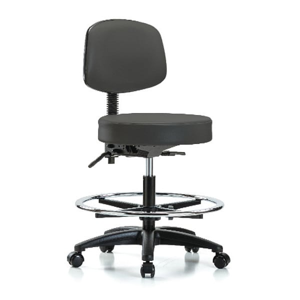 Blue Ridge Ergonomics Bench Stool, Med, Vinyl, Bk, CF, Casters, Gry - BR-VMBST-RG-T0-CF-RC-8605