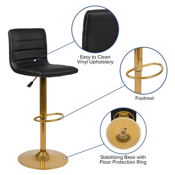 Flash Furniture Black Vinyl Adjustable Barstool with Gold Base, PK2 - 2-CH-92023-1-BK-G-GG