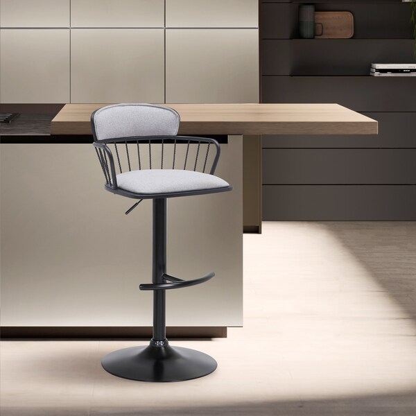 Armen Living Nash Adjustable Black Wood Bar Stool in Light Gray Fabric with Black Metal - LCNABABLKLTGRY