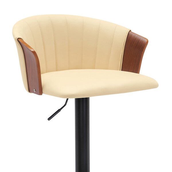 Armen Living Lydia Adjustable Walnut Wood Bar Stool in Cream Faux Leather with Black Metal - LCLYBAWACR