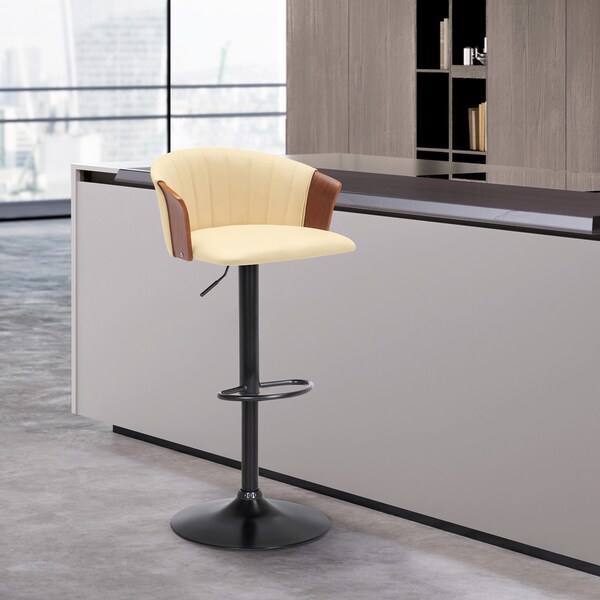 Armen Living Lydia Adjustable Walnut Wood Bar Stool in Cream Faux Leather with Black Metal - LCLYBAWACR