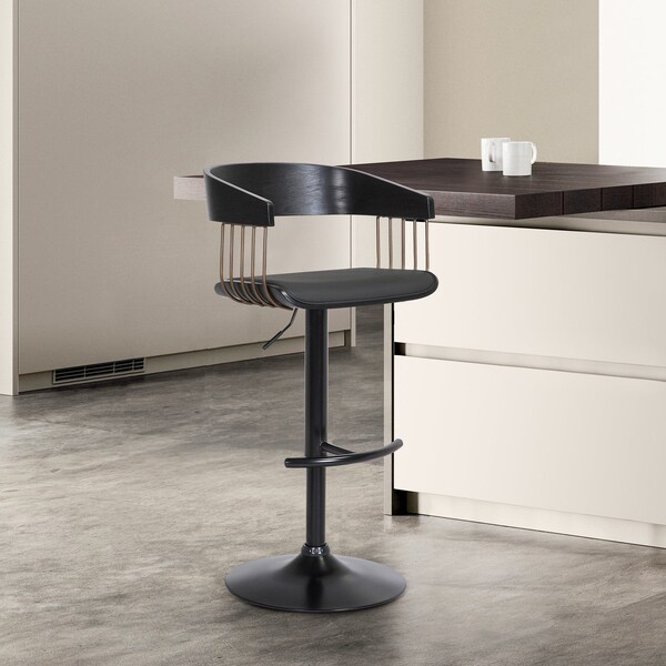 Armen Living Larisa Adjustable Black Wood Bar Stool in Black Faux Leather with Golden Bronze and Black Metal - LCLABABLKBLK