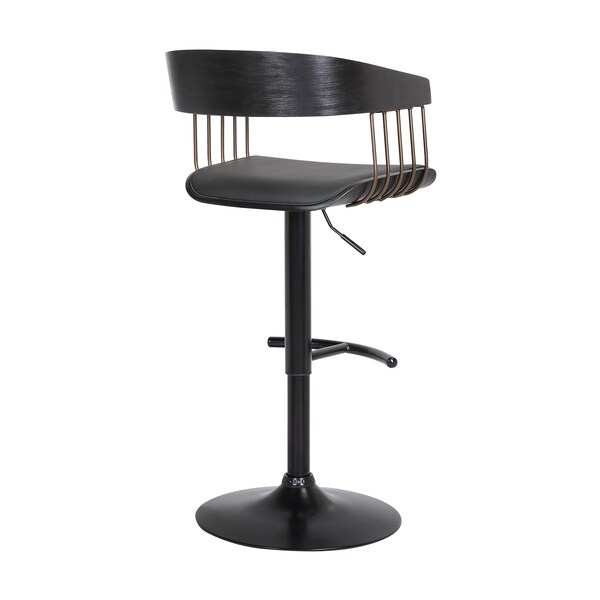 Armen Living Larisa Adjustable Black Wood Bar Stool in Black Faux Leather with Golden Bronze and Black Metal - LCLABABLKBLK