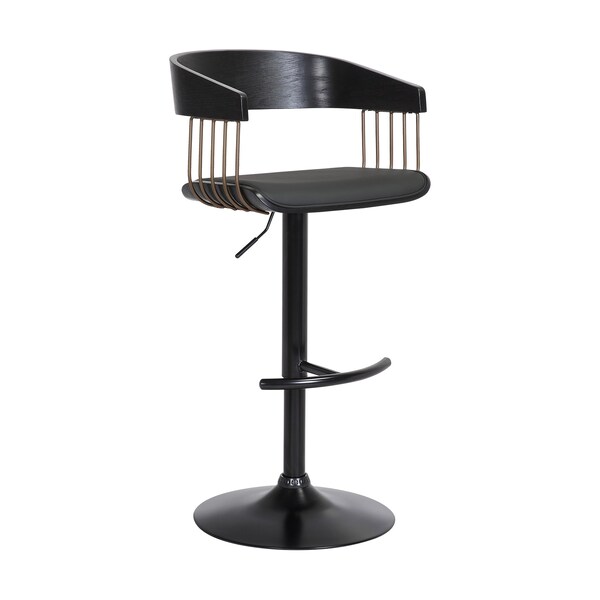 Armen Living Larisa Adjustable Black Wood Bar Stool in Black Faux Leather with Golden Bronze and Black Metal - LCLABABLKBLK