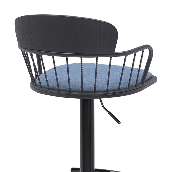 Armen Living Nash Adjustable Black Wood Bar Stool in Blue Fabric with Black Metal - LCNABABLKBLU