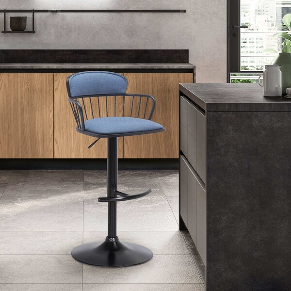 Armen Living Nash Adjustable Black Wood Bar Stool in Blue Fabric with Black Metal - LCNABABLKBLU