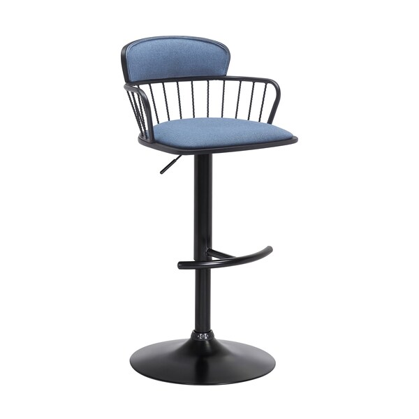 Armen Living Nash Adjustable Black Wood Bar Stool in Blue Fabric with Black Metal - LCNABABLKBLU