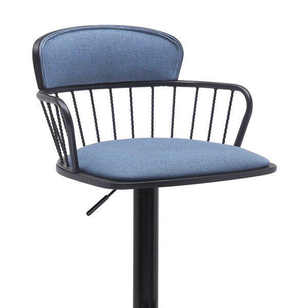 Armen Living Nash Adjustable Black Wood Bar Stool in Blue Fabric with Black Metal - LCNABABLKBLU
