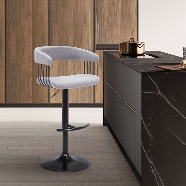 Armen Living Calista Adjustable Bar Stool in Light Gray Fabric with Black Metal - LCCABABLKLTGR