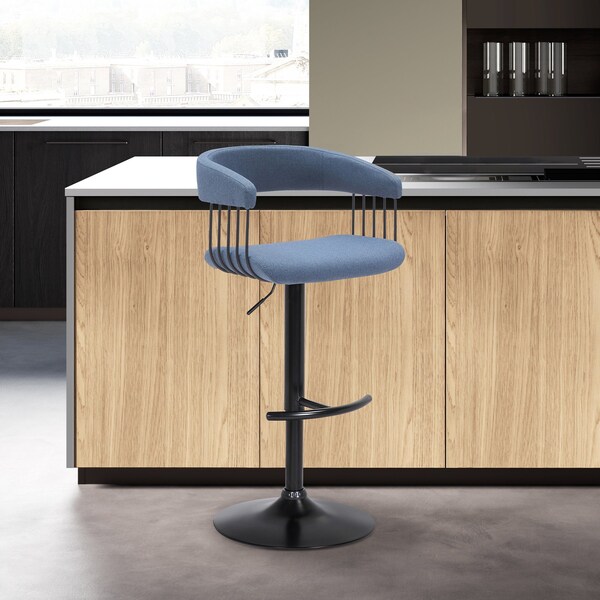 Armen Living Calista Adjustable Bar Stool in Blue Fabric with Black Metal - LCCABABLKBLU