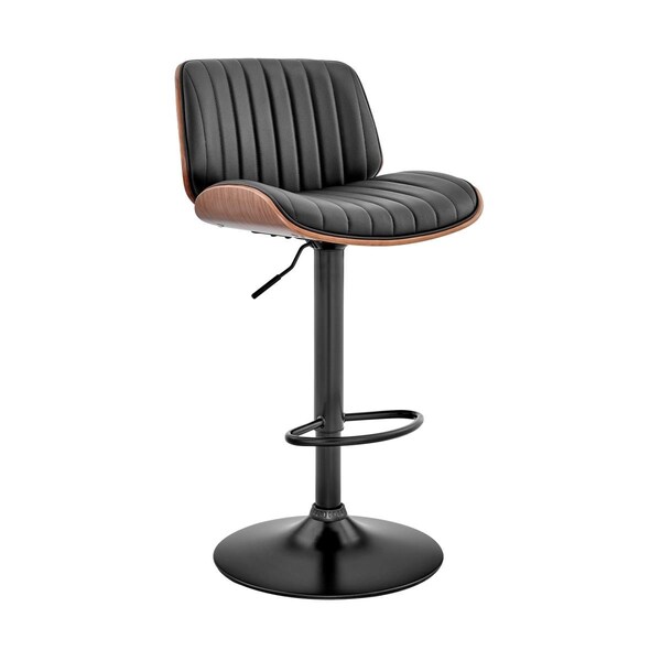 Homeroots Adjustable Black Faux Leather Black Steel & Walnut Bar Stool - 476908