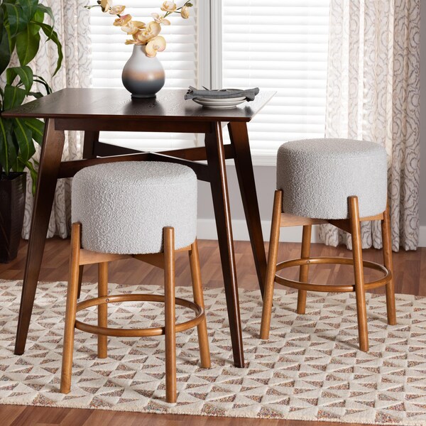 Baxton Studio Olwen Modern Japandi Light Grey Boucle Fabric and Walnut Brown Finished Wood 2-Piece Bar Stool Set - 241-2PC-13438-ZORO
