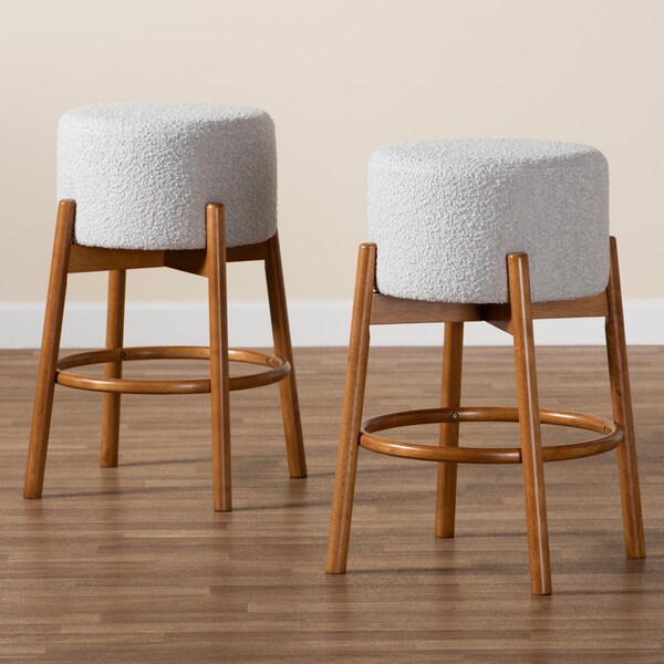 Baxton Studio Olwen Modern Japandi Light Grey Boucle Fabric and Walnut Brown Finished Wood 2-Piece Bar Stool Set - 241-2PC-13438-ZORO