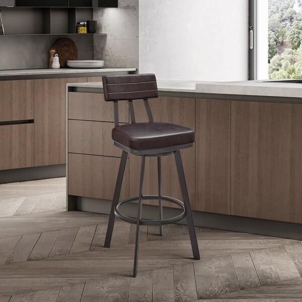 Armen Living Jinab Swivel Bar Stool in Brown Metal with Brown Faux Leather - 840254335257