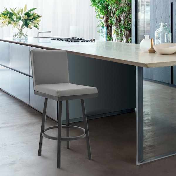 Armen Living Rochester 30" Swivel Modern Black Metal and Gray Faux Leather Barstool - 721535752171