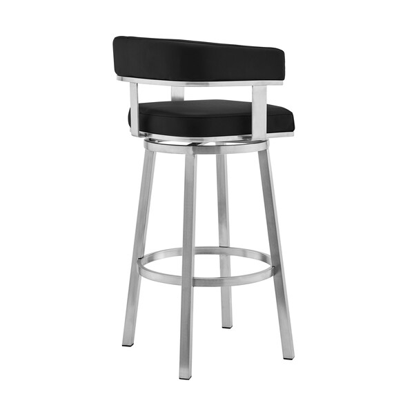 Armen Living Lorin 30" Black Faux Leather and Brushed Stainless Steel Swivel Bar Stool - LCLRBABSBL30