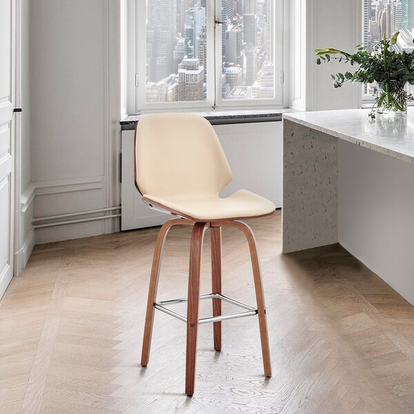 Armen Living Arabela 26" Cream Faux Leather and Walnut Wood Swivel Bar Stool - LCAABAWACR26