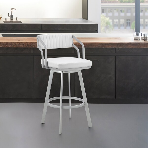Armen Living Capri 26" Swivel White Faux Leather and Silver Metal Bar Stool - LCCPBASLWH26