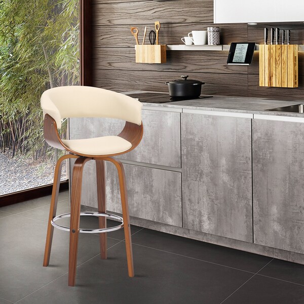 Armen Living Julyssa 30" Bar Height Swivel Cream Faux Leather and Walnut Wood Bar Stool - LCJSBAWACR30