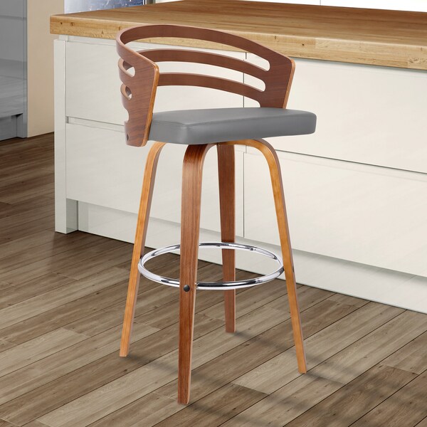 Armen Living Jayden 30" Bar Height Swivel Gray Faux Leather and Walnut Wood Bar Stool - LCJYBAGRWA30