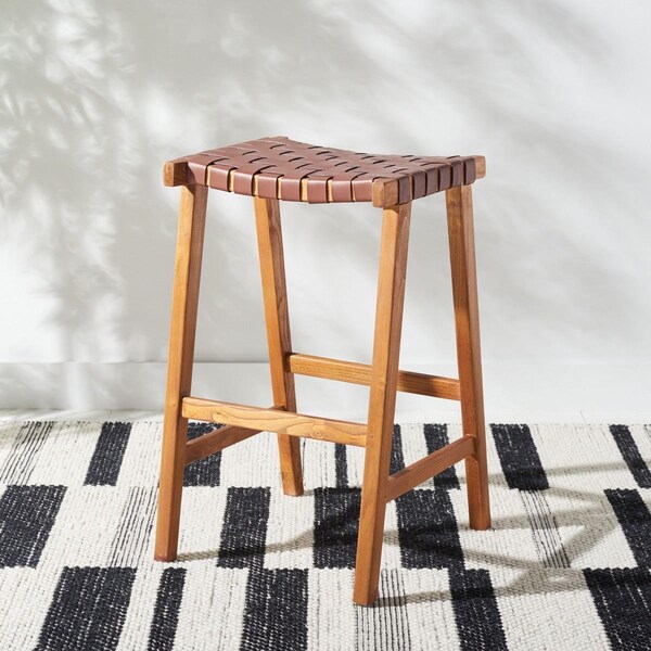 Safavieh 20 x 18.5 x 30 in. Abreu Rectangle Barstool with Cognac Leather & Natural Wood - BST1012F