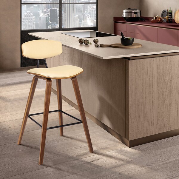 Armen Living Fox 28.5" Bar Height Cream Faux Leather and Walnut Wood Mid-Century Modern Bar Stool - LCFOBAWACR30