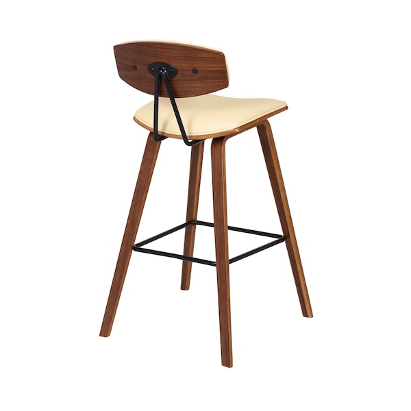 Armen Living Fox 28.5" Bar Height Cream Faux Leather and Walnut Wood Mid-Century Modern Bar Stool - LCFOBAWACR30