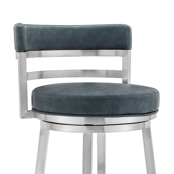 Armen Living Titana 30" Bar Height Swivel Blue Faux Leather and Brushed Stainless Steel Bar Stool - 840254335196
