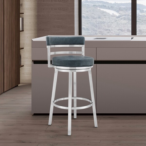 Armen Living Titana 30" Bar Height Swivel Blue Faux Leather and Brushed Stainless Steel Bar Stool - 840254335196