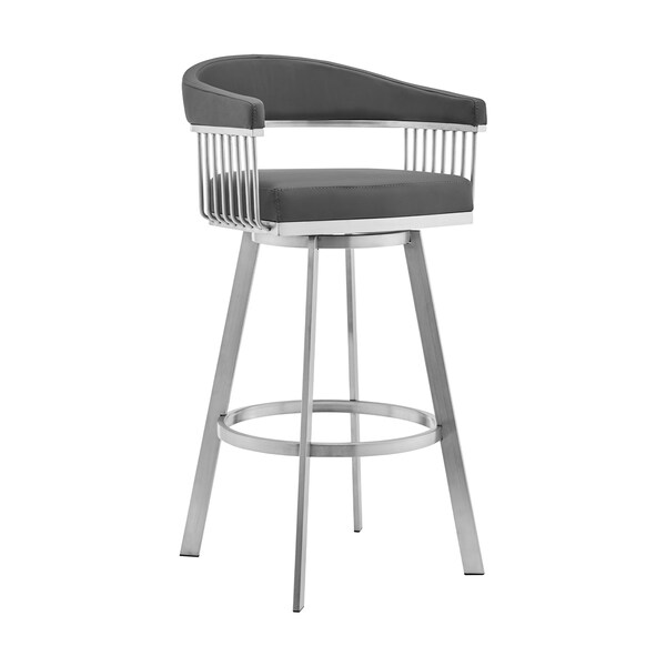 Armen Living Bronson 25" Gray Faux Leather and Brushed Stainless Steel Swivel Bar Stool - 721535762224