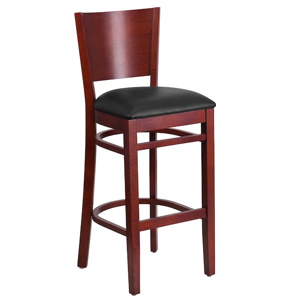 Flash Furniture Barstool, Solid Back, Mah Wood, Blk Vinyl - XU-DG-W0094BAR-MAH-BLKV-GG