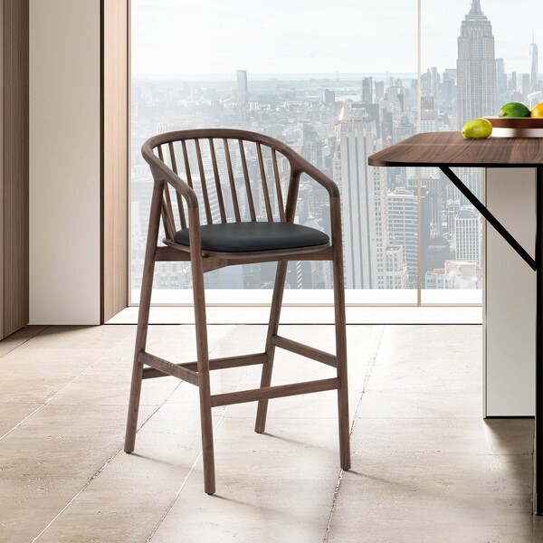 Armen Living Echo Walnut Wood and Black Faux Leather Bar Stool - LCECBAWABLK30