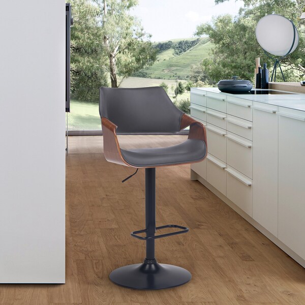 Armen Living Aspen Adjustable Swivel Gray Faux Leather and Walnut Wood Bar Stool with Black Base - LCASBAWABLGR