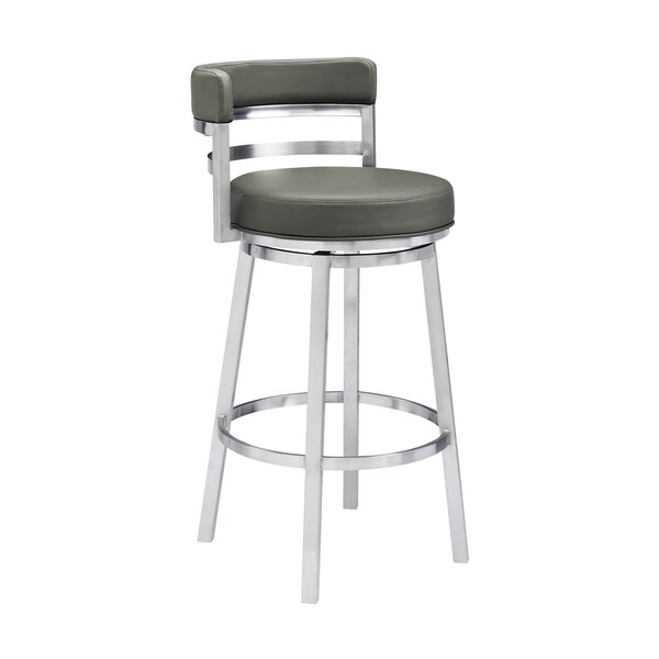 Armen Living Titana 30" Bar Height Swivel Gray Faux Leather and Brushed Stainless Steel Bar Stool - 840254335066