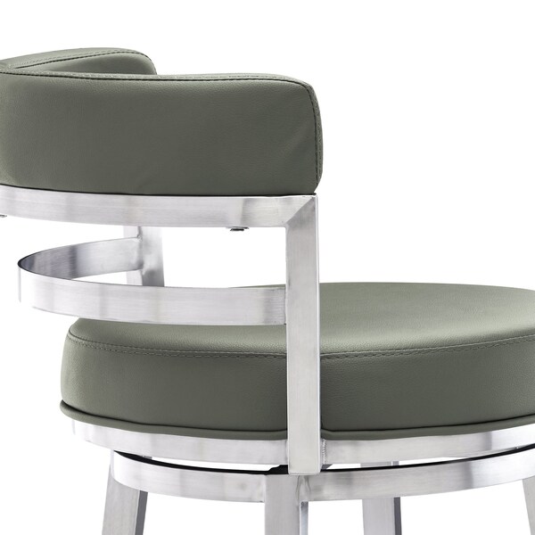 Armen Living Titana 30" Bar Height Swivel Gray Faux Leather and Brushed Stainless Steel Bar Stool - 840254335066