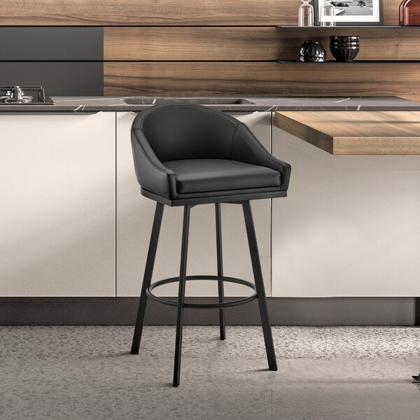 Armen Living Noran Swivel Bar Stool in Black Metal with Black Faux Leather - 840254335721