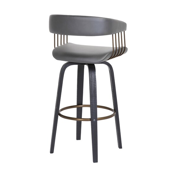 Armen Living Topanga 30.5" Swivel Black Wood Bar Stool in Gray Faux Leather with Golden Bronze Metal - LCTOBABLKGRY30