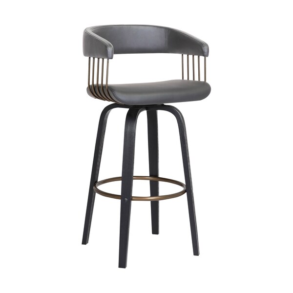 Armen Living Topanga 30.5" Swivel Black Wood Bar Stool in Gray Faux Leather with Golden Bronze Metal - LCTOBABLKGRY30