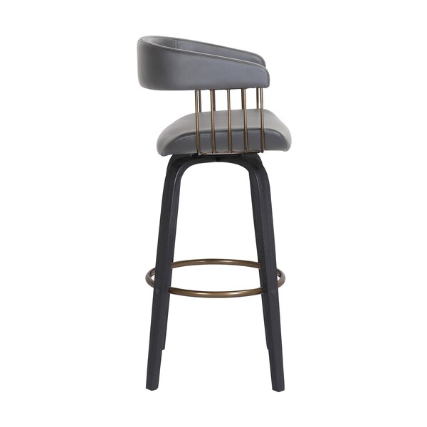 Armen Living Topanga 30.5" Swivel Black Wood Bar Stool in Gray Faux Leather with Golden Bronze Metal - LCTOBABLKGRY30