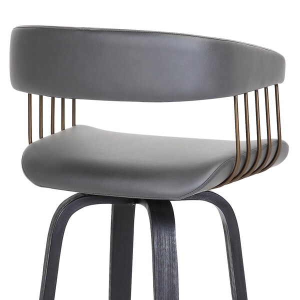 Armen Living Topanga 30.5" Swivel Black Wood Bar Stool in Gray Faux Leather with Golden Bronze Metal - LCTOBABLKGRY30