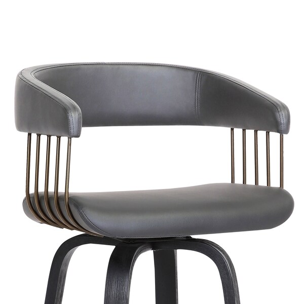 Armen Living Topanga 30.5" Swivel Black Wood Bar Stool in Gray Faux Leather with Golden Bronze Metal - LCTOBABLKGRY30