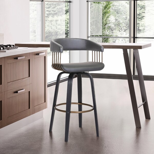 Armen Living Topanga 30.5" Swivel Black Wood Bar Stool in Gray Faux Leather with Golden Bronze Metal - LCTOBABLKGRY30