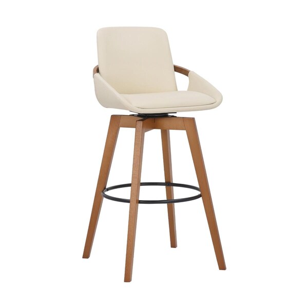 Seatsolutions Baylor 30 in.  Cream Faux Leather and Walnut Wood Swivel Bar Stool - SE3324749