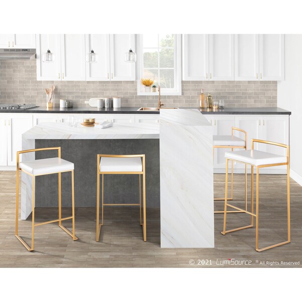 Lumisource Fuji Barstool in Gold with White Faux Leather, PK 2 - BS-FUJI AU+W2