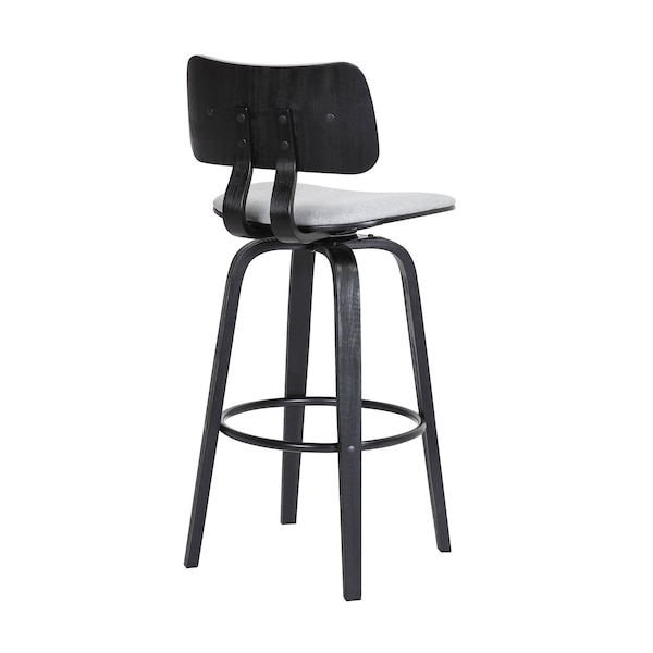 Armen Living Pico 30" Swivel Black Wood Bar Stool in Light Gray Fabric with Black Metal - LCPIBABLKLTGR30